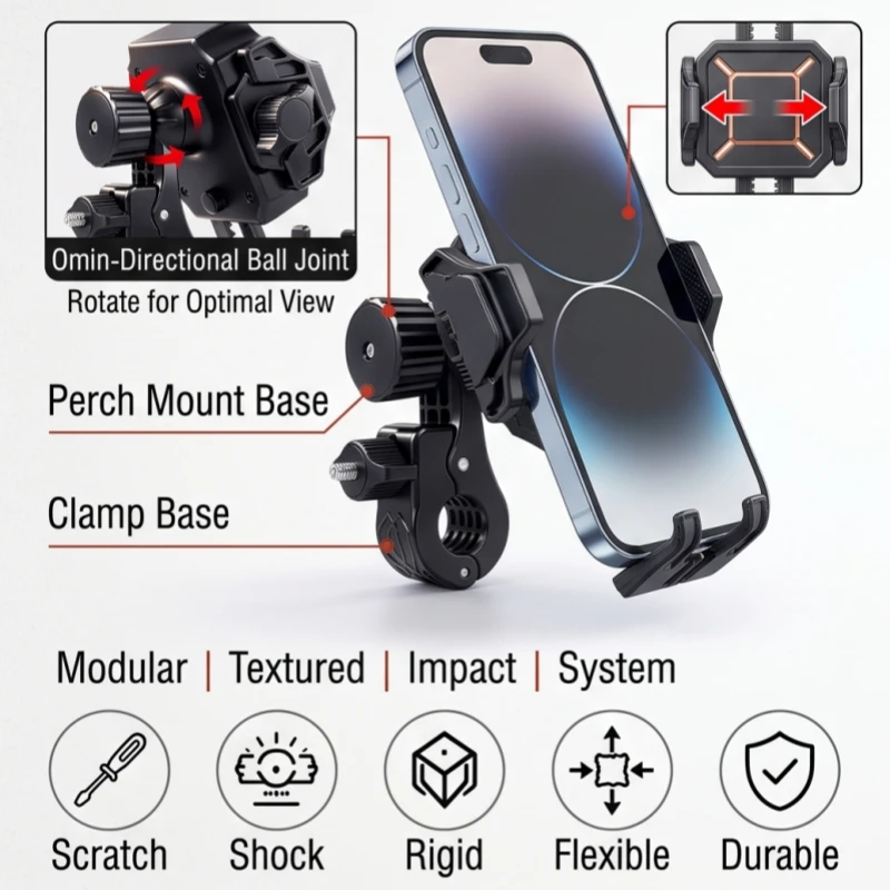 Motorcycle Phone Mount 360° Rotatable Handlebar Phone Holder One-Touch Lock Anti-Shake Universal for E-Bike Bicycle Scooter 5.4-