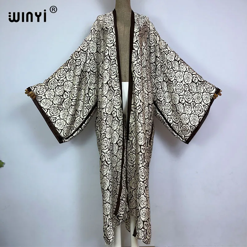 

WINYI 2023 new summer beach cover up Retro printing boho Cardigan sexy Maxi Holiday long Sleeve KIMONO Africa silk feeling dress