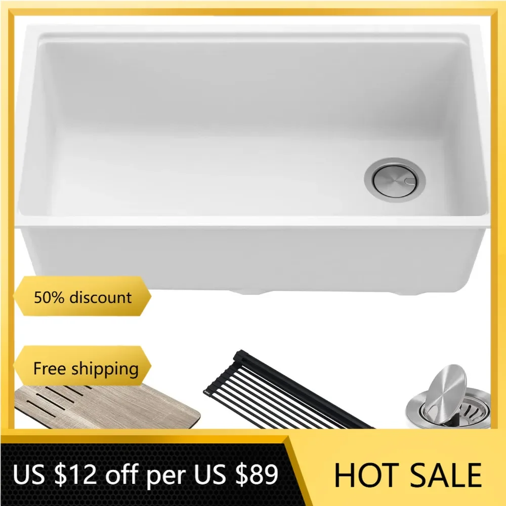 

Kitchen Sinks, 32-inch Undermount Granite Composite Single Bowl Kitchen Sink in White with Accessories, KGUW1-33WH