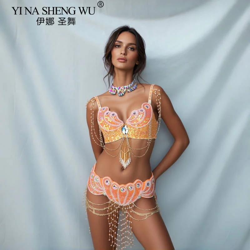 Ensemble de costumes de danse du ventre perlés pour femmes – Tenue sexy avec soutien-gorge et ceinture pour dames, parfaite pour les carnavals et les événements de danse du ventre