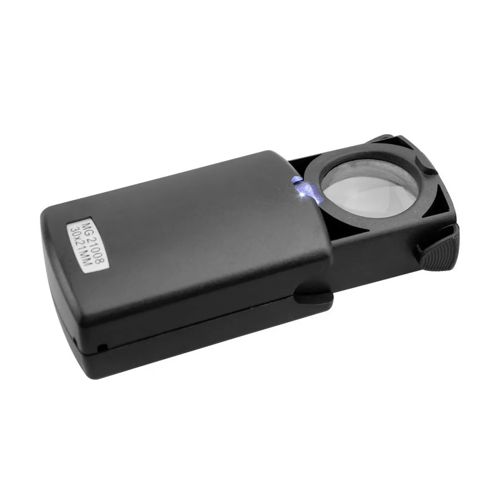 Portable 30X Magnifying Glass with 21Mm Optical Glass Lens Foldable LED Lighted Pull-Switch Jewelry Loupe for Coins Stamps