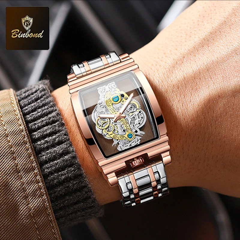 BINBOND New Luxury Man Watch Fashion Wine Bucket Motorcycle Gear Strip Hollow Tourbillon Design Luminous Waterproof Men's Watch