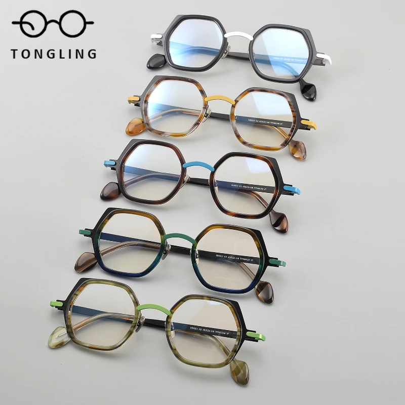 2025 New Men Handcrafted Two-Color Acetate Square Polygonal Pure Titanium Women Personalized Trendy Fashionable Eyeglass Frame
