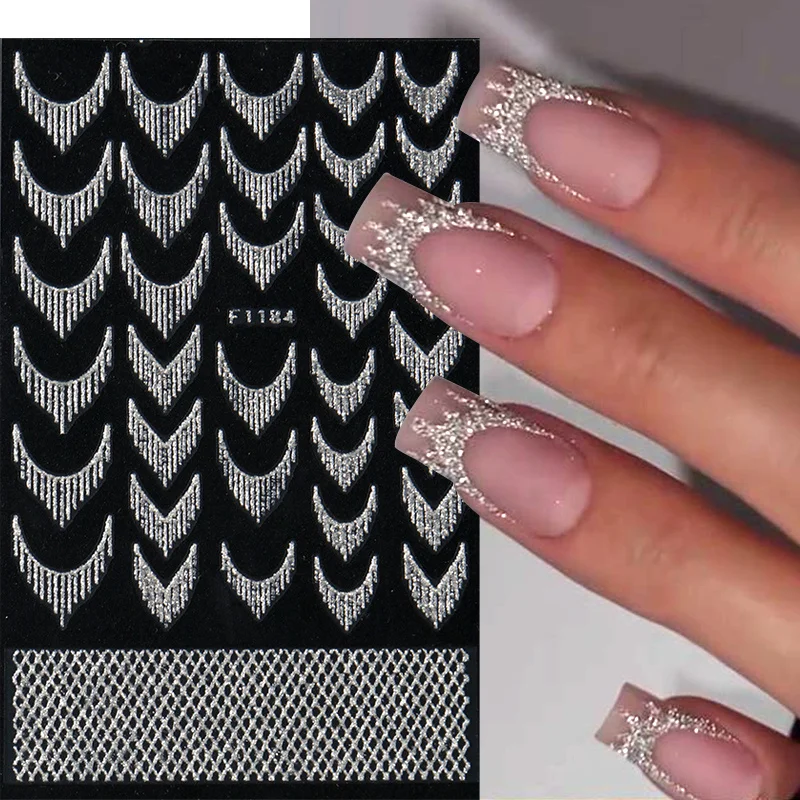 Adesivos de arte de unha francesa com glitter reflexivo, brilhante, ouro, prata, borla, grades geométricas, adesivos, decalques, faça você mesmo, manicure
