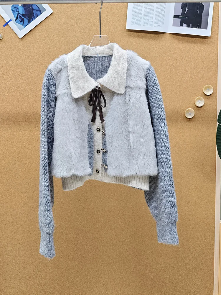 Women Autumn Real Natural Rabbit Fur Oversized Cardigan Spring Special Design Knitted Sweater Wear