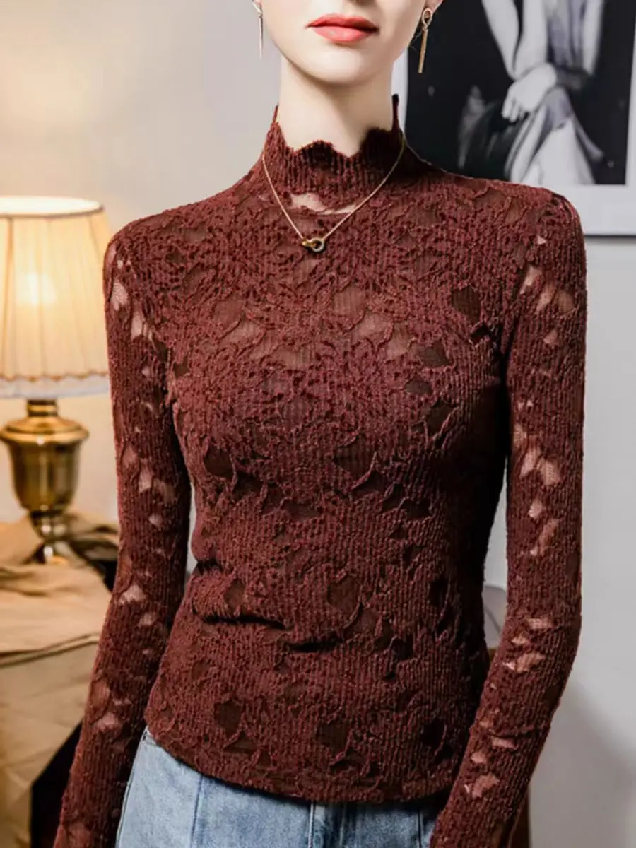 

Женские кружевные топы, весенне-осенние новые однотонные футболки с воротником-стойкой, эластичные полые футболки для женщин