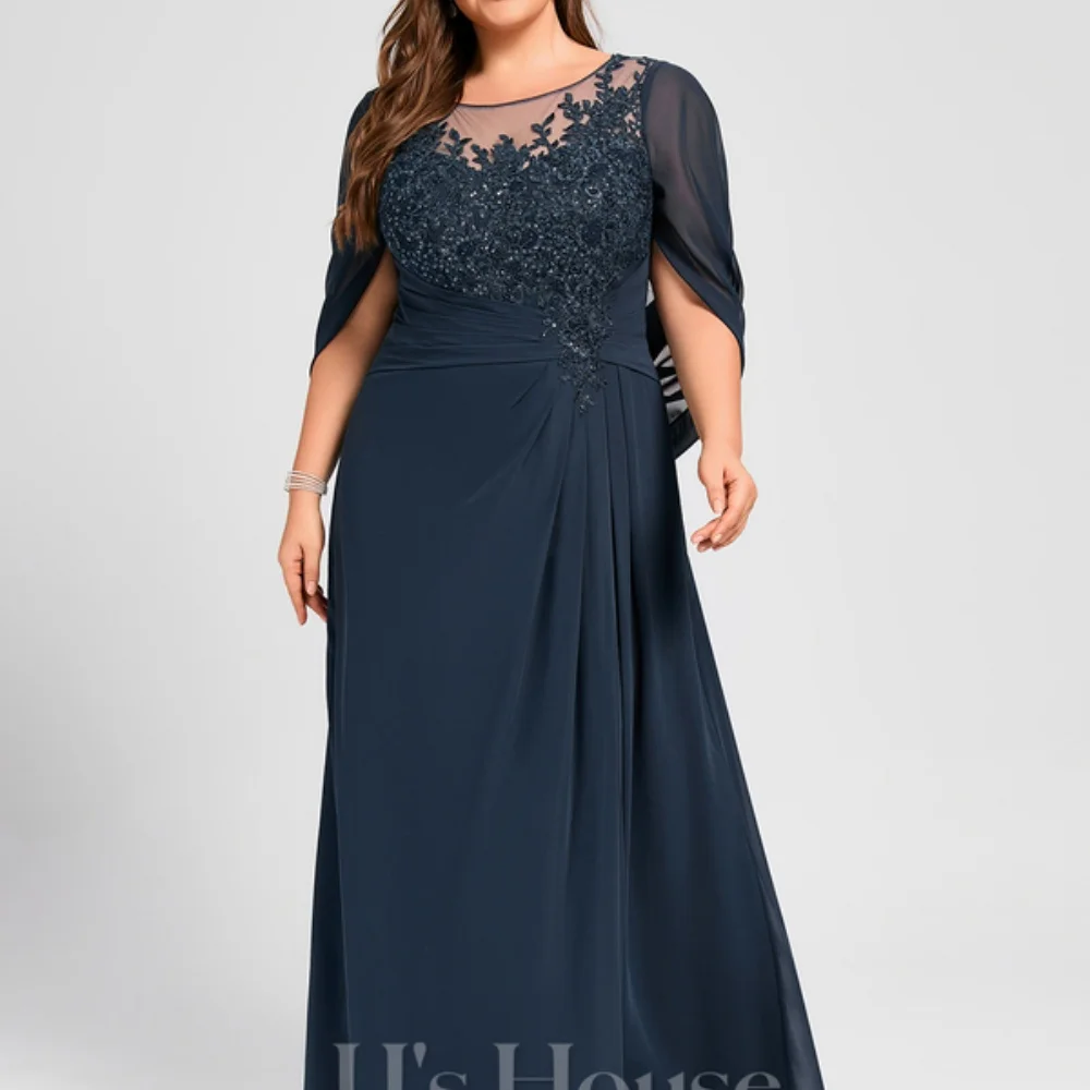 Cathy Navy Blue With a Shawl Wedding Dresses Sequins O-Neck vestidos de noche Chiffon Mom Pretend Customized Formal Evening 2024