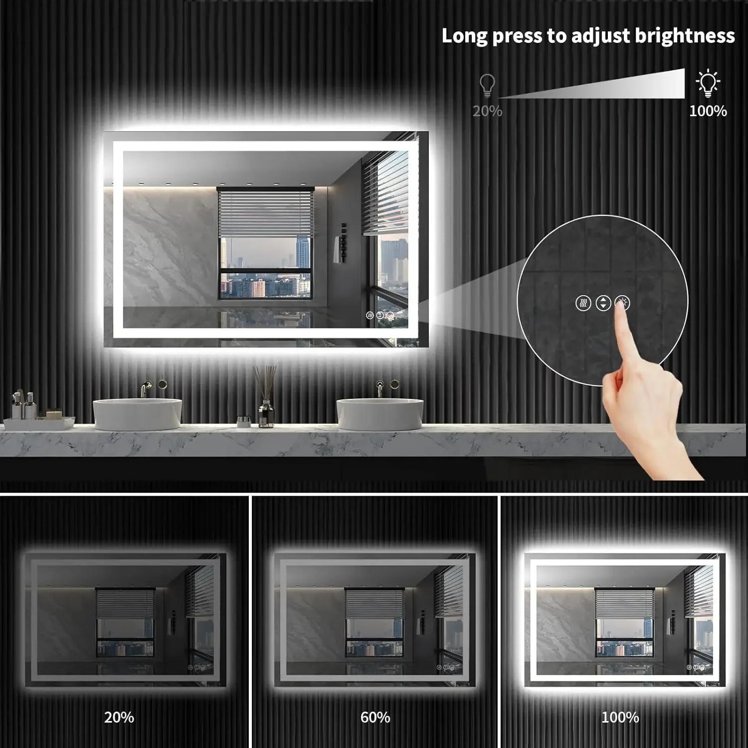 Loaao-HOMirror LED avec lumières, anti-buée, intensité variable, rétro4.2, avant, miroir de courtoisie 4.2 pour mur, 48x36