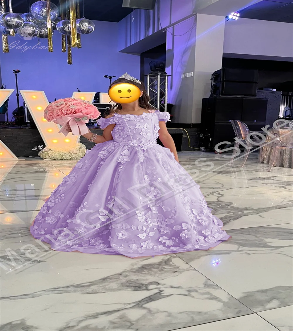 Pink 3D Applique Flower Girl Dress Fluffy Suitable For Weddings Children's Birthdays Performance Events