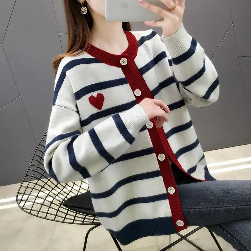 Striped color patchwork knit sweater for women cardigan loose outer wear autumn winter sweater jacket knitted