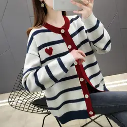 Striped color patchwork knit sweater for women cardigan loose outer wear autumn winter sweater jacket knitted