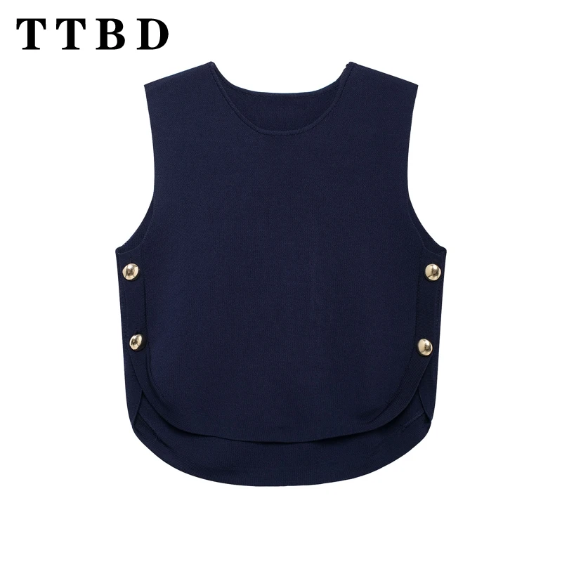 TTBD 2024 New Autumn Woman's Casual Solid Color Knit Sweater Vest Female Fashion O-Collar Sleeveless Button Gilet Loose Fit Top