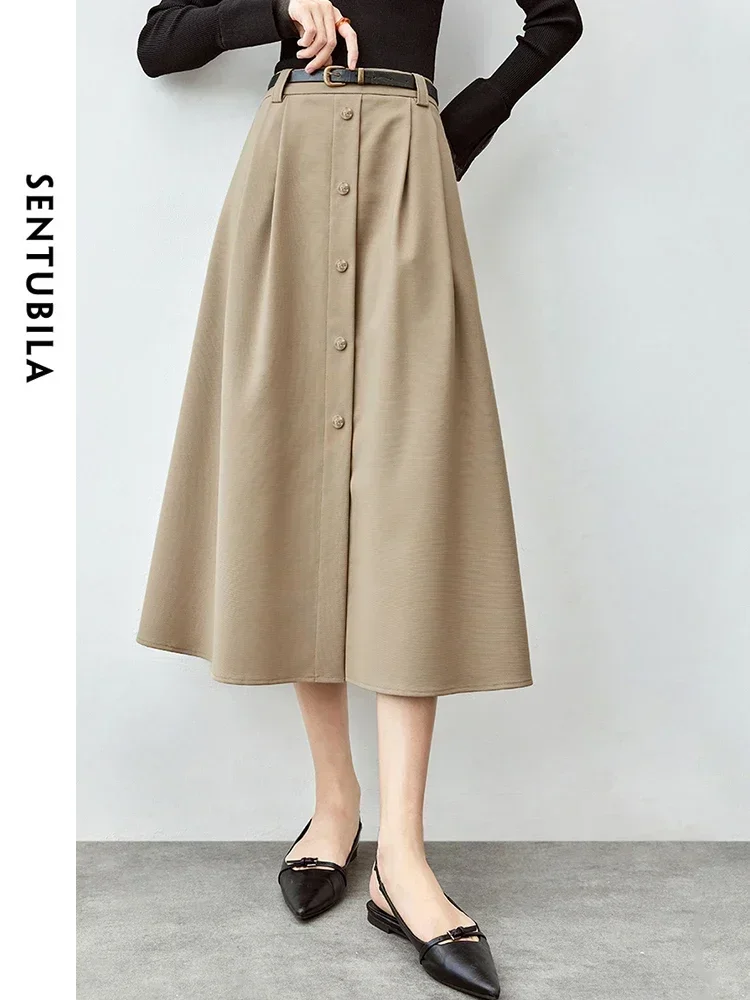 SENTUBILA Elegant Midi Skirt Women 2025 Spring Autumn Elastic Hight Waist Botton Front Long Skirt Woman's Clothes 143Q56597