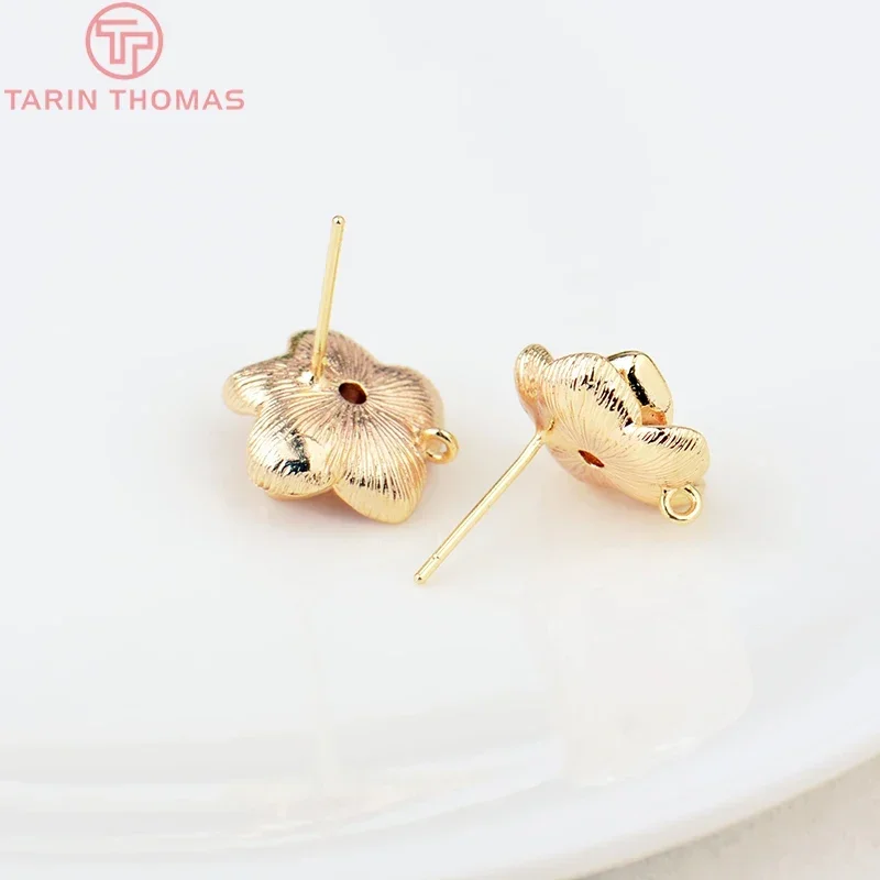 (2080)6PCS 14MM Hole 1MM 24K Gold Color Brass with Zircon Flower Stud Earrings High Quality DIY Jewelry Making Findings