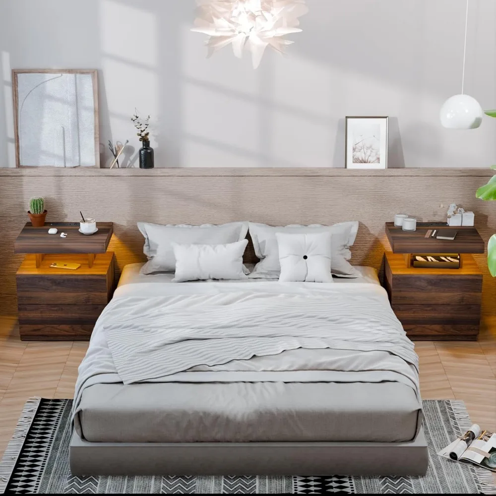 مجموعة HOMMPA مكونة من 2 منضدة ريفية مع محطة شحن لاسلكية وطاولة بجانب السرير LED مع طاولة نهاية ذات درجين مع رف مفتوح Smar