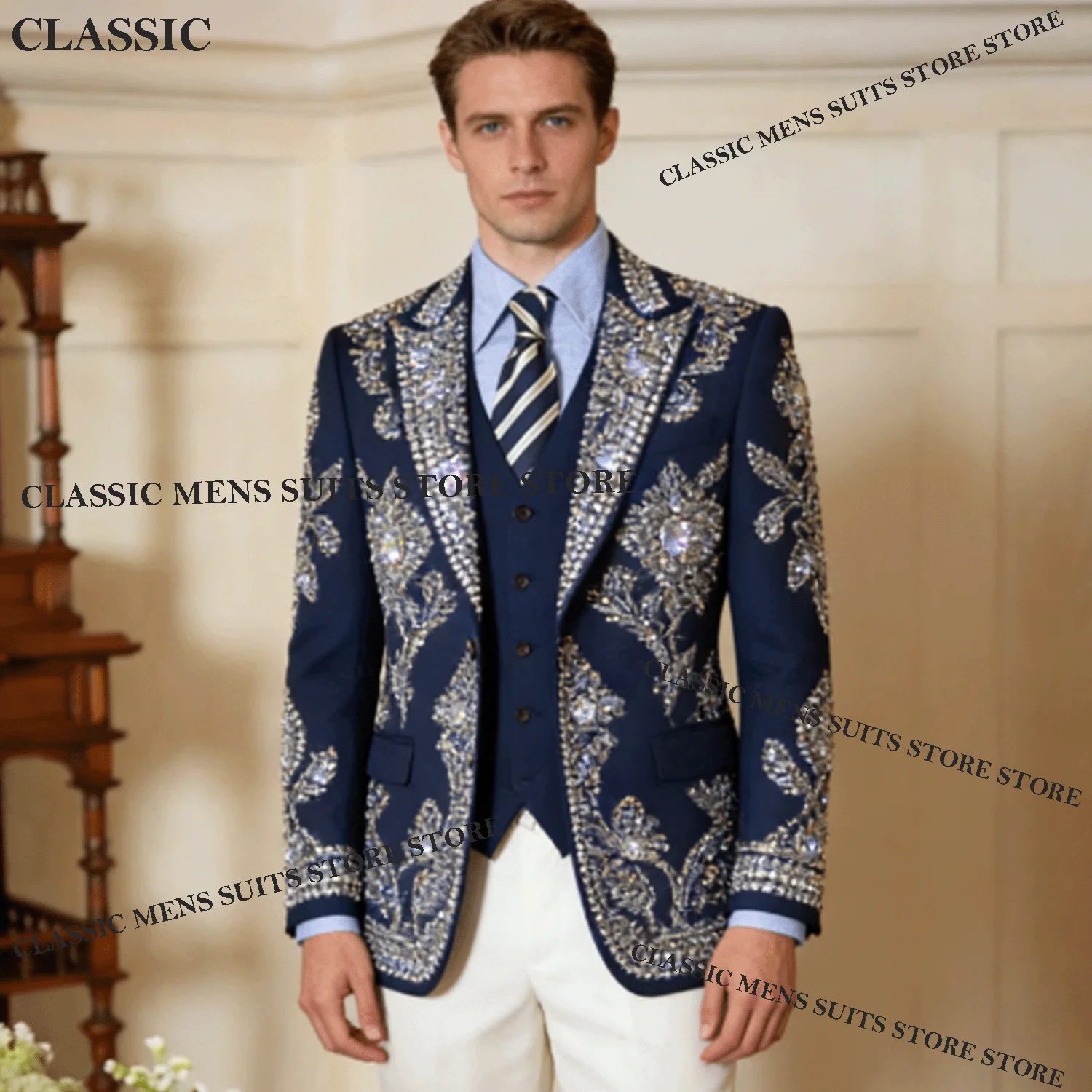 

Customized Elegant Gem Crystal Men Suits 3 Pieces Sets Male Party Blazers Luxury Groom Wedding Tuxedos Slim Sequin Costume Homme