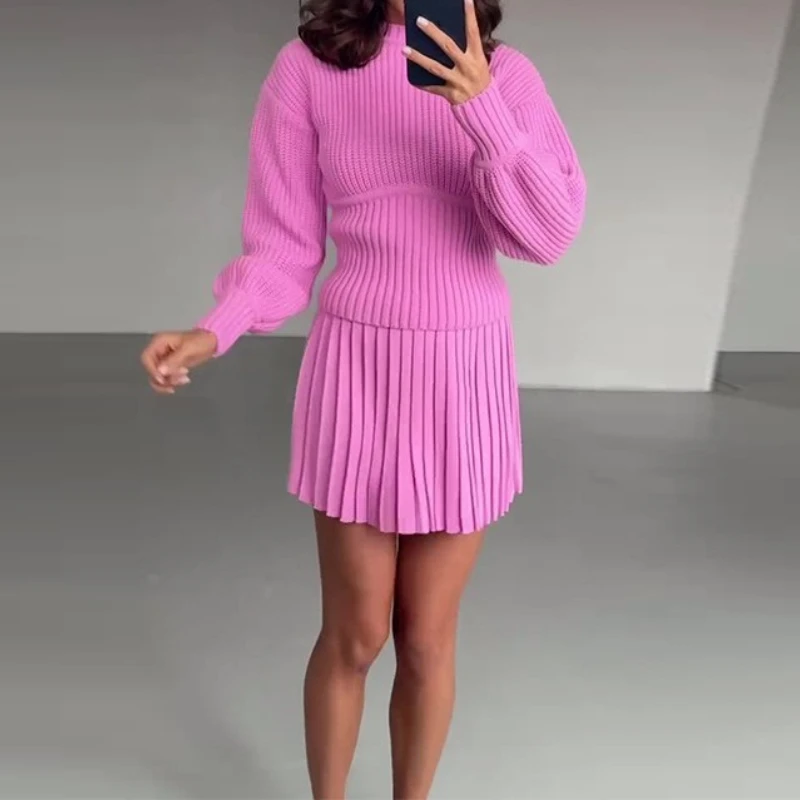 

2025 весенне-осенняя мода в уличном стиле, женская трикотажная складная юбка с длинными рукавами, повседневный женский костюм