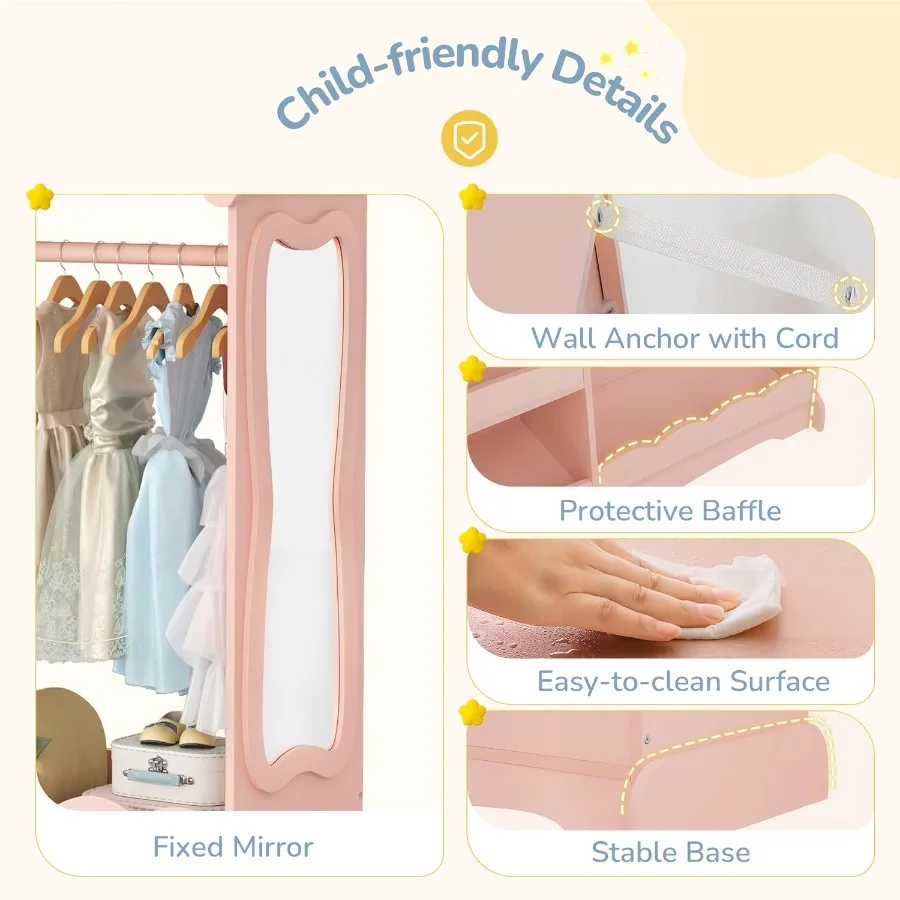 تخزين ملابس بيت الدمى الوردي مع مرآة كاملة الطول ومستشعر حركة وخزانة ملابس معلقة مفتوحة لغرفة النوم #6