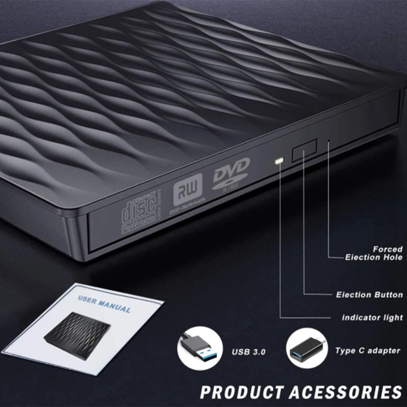 External CD DVD Drive, USB 3.0 Slim Portable External CD DVD Rewriter Burner Writer, High Speed USB Optical Drive