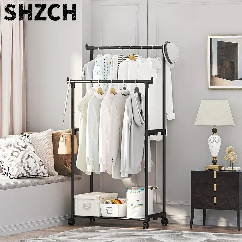 Movable Coat Rack Double Clothes Shelf Simple Rod Clothes Floor-Standing Bedroom Telescopic Floor Hangers Storage Coat Rack