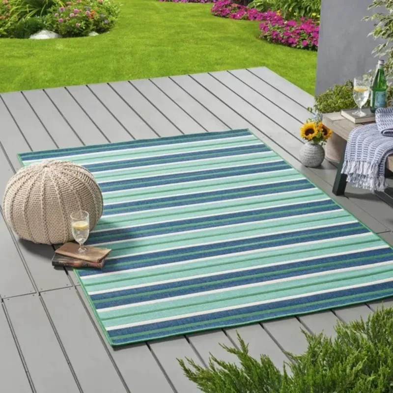 US 5' x 8' Ellis Geometric Outdoor Rug Blue/Green Constructed With High Quality Polypropylene Stain and Fade Resistant Striped