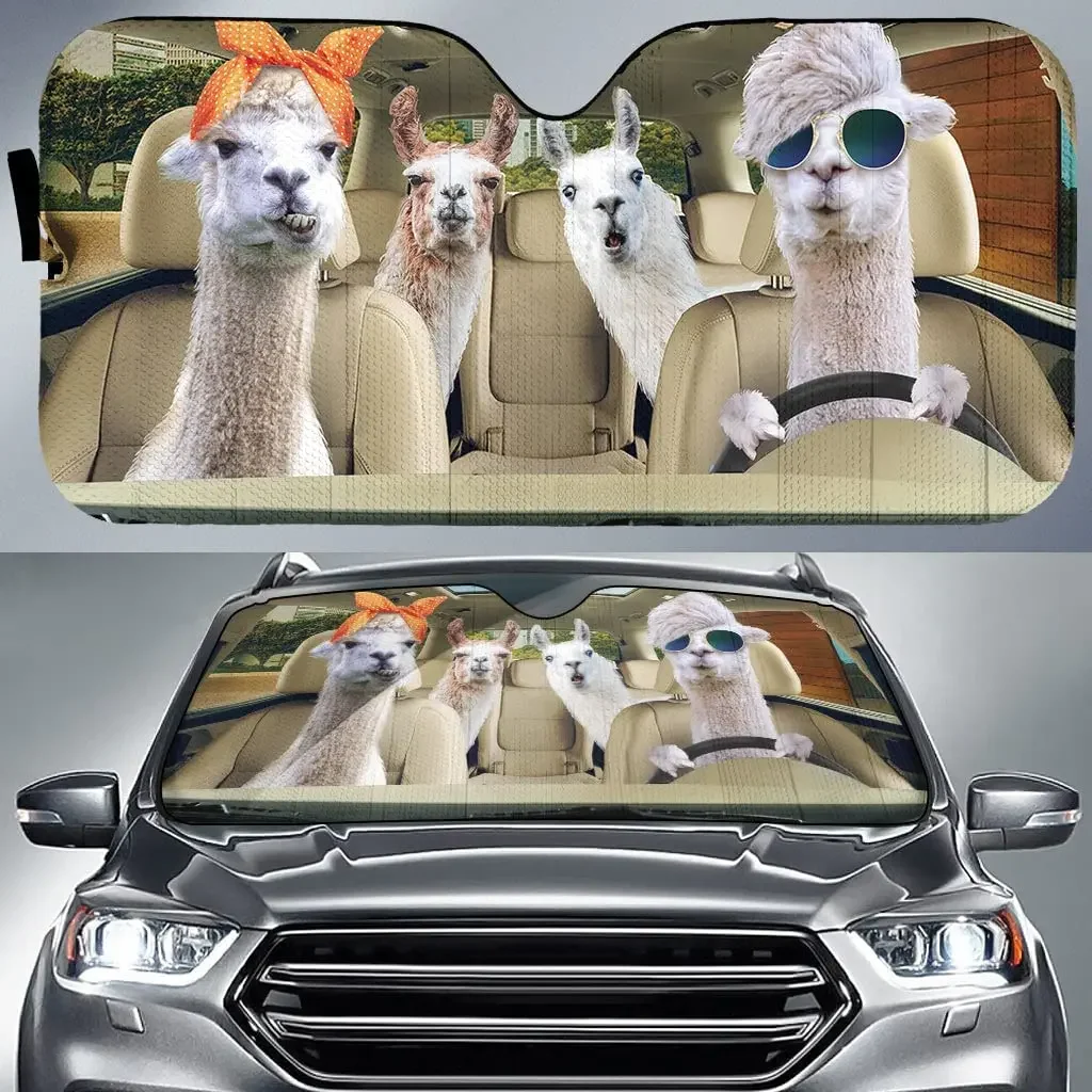 Funny Llama Family Driving and Glasses Headband Car Sunshade, Llamas Driving Auto Sunshade Car Windshield