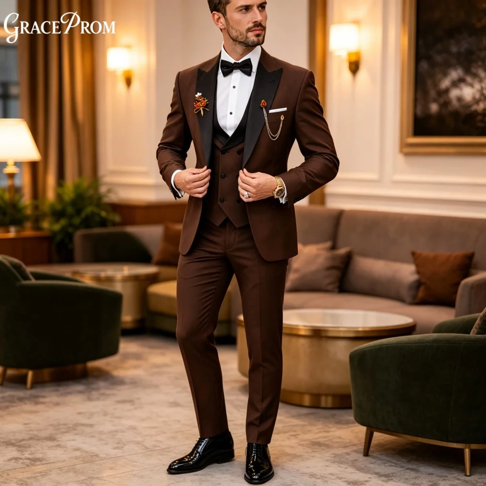 Exquisite Dark Brown Black Lapel Men Suit Set 3PCS 2027 For Wedding Formal Business Groom Best Man Office Customized Men's Suit
