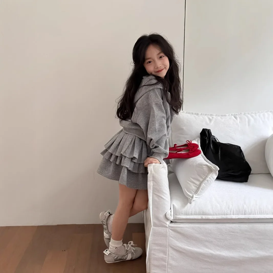 Spring New Korean A-line Cake Skirt  Puffy Skirt+Zipper Hat Hoodie Coat Sweet Cool Set  baby girl clothes