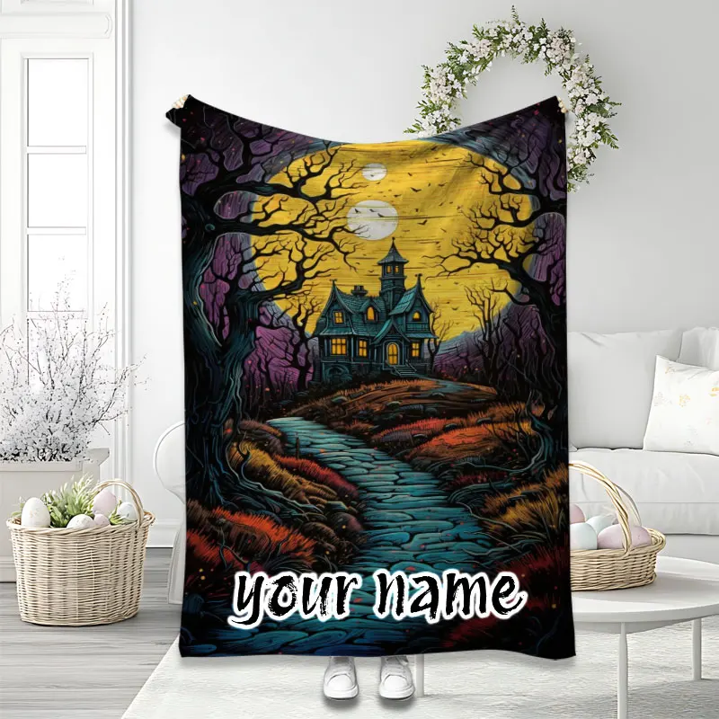 

Halloween Throw Blanket Spooky Witch Haunted House Pumpkins Bats Design Soft Flannel for Fall Thanksgiving
