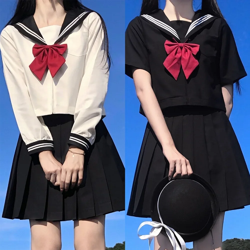 Japanese School Uniform Girl Jk Suits S-8XL Plus Size White Two Black Three Line Basic Sailor Summer Sexy Pleated Skirt Women