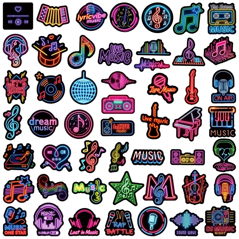 10/30/50PCS Colored Neon Music Sticky PVC Sticker Aesthetic DIY Decoration Scrapbooking Hand Accounting Supplies