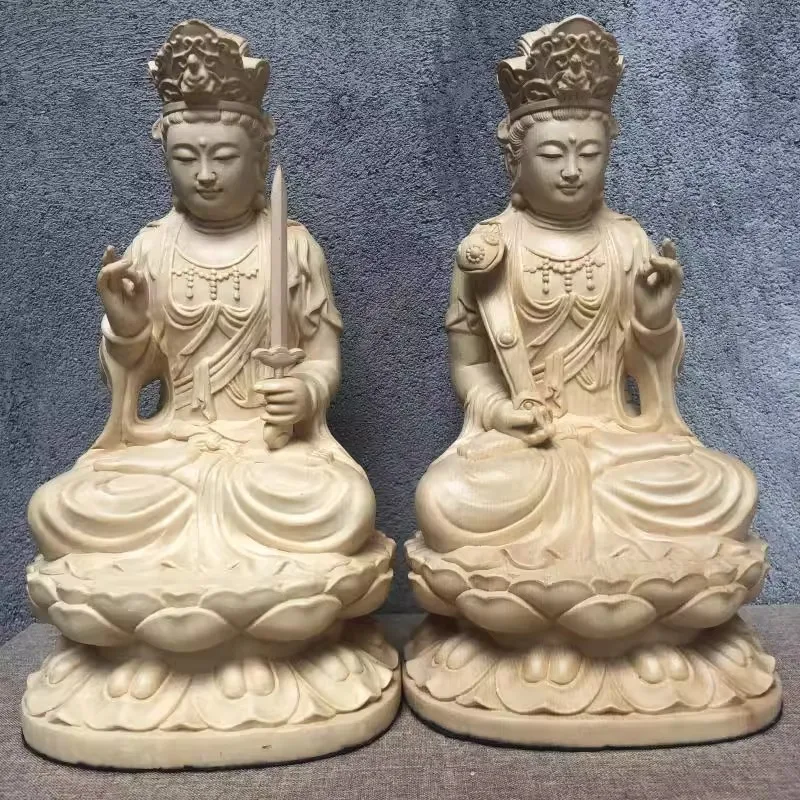 Hand Carved Hinoki Wood Seated Manjushri Samantabhadra Bodhisattva Statues Pair (Set of 2) - Spiritual Ornament Home Temple