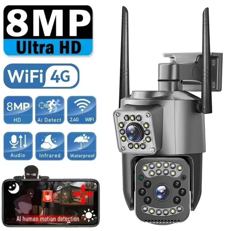 8MP PTZ Dual-Lens 4G Security Camera 10X Zoom/Auto Human Tracking/IP66 Outdoor/Night Vision/SD Slot CCTV Surveillance System