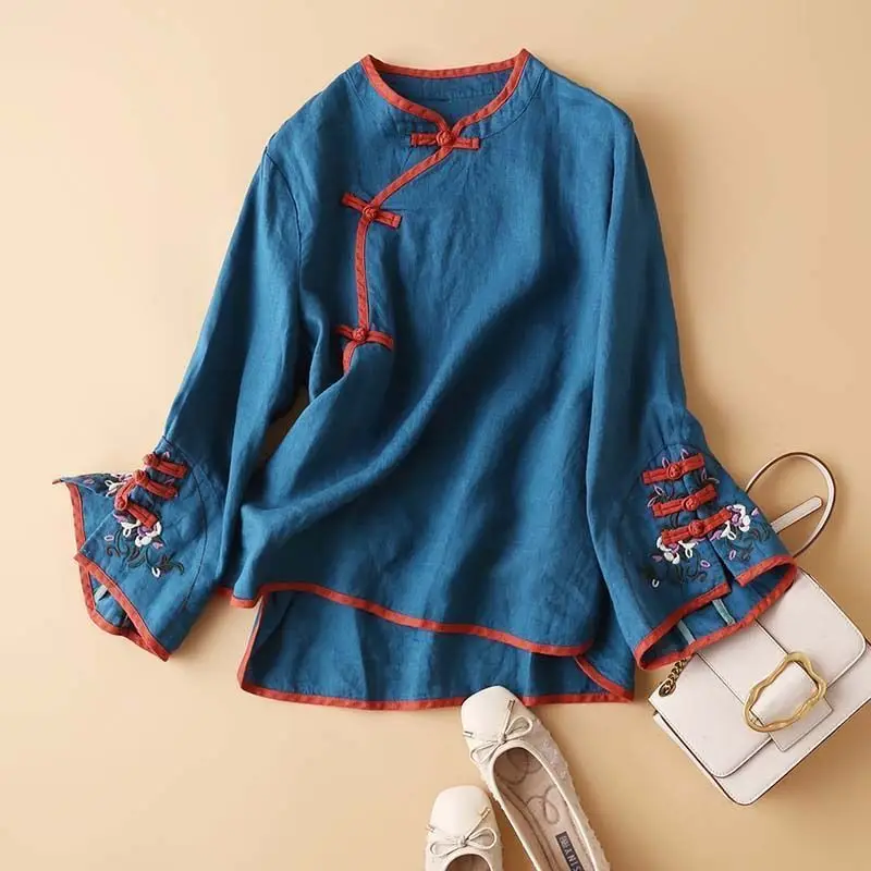 Spring Slanted Lapel Stand-up Collar Women 2024 New Chinese Style Embroidery Printing Long Sleeved Loose Comfortable T-shirt