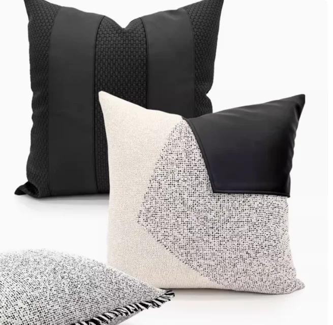 black PU leather and white chenille cushion cover geometric patchwork pillow case for lumbar pillow cover