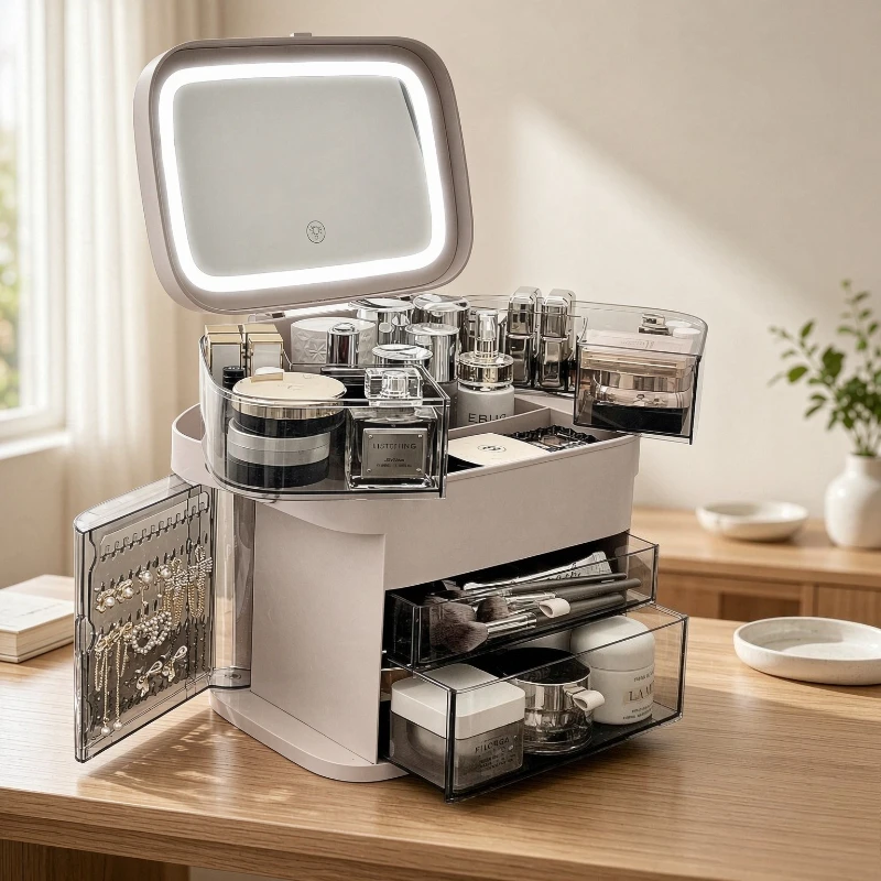 Makeup Organizer, Portable Cosmetic Case with LED Mirror, 3 Brightness Levels, Jewelry Hanging Space and Rotating Compartments