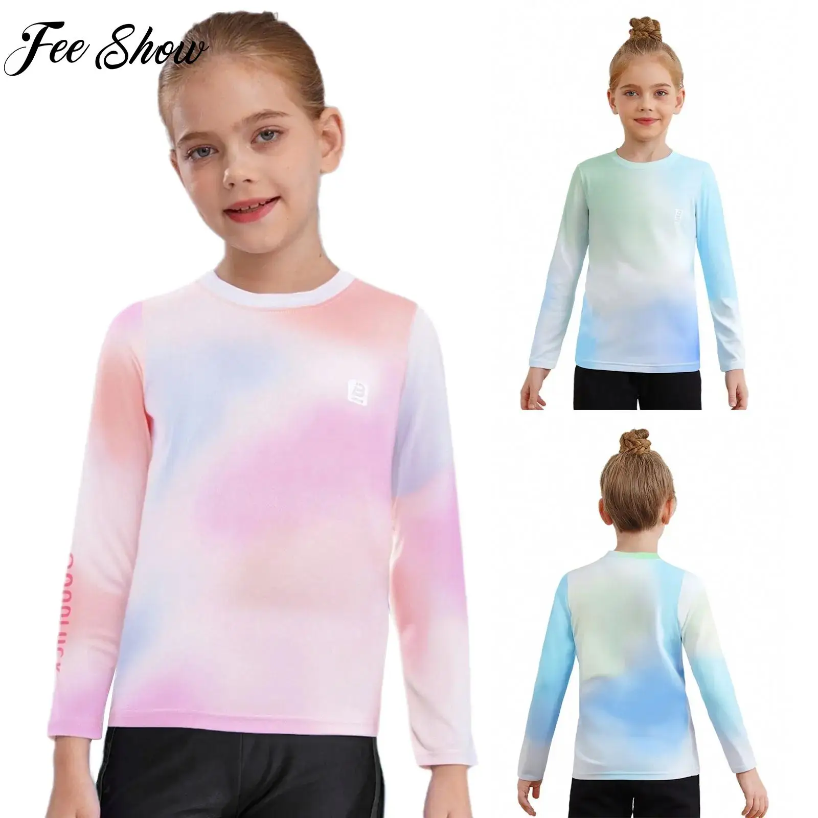 

Girls Long Sleeve Fashion Gradient Sports Shirt Quick-Drying Sweatshirt T-shirt Lightweight Athletic Top for Yoga Tennis Running