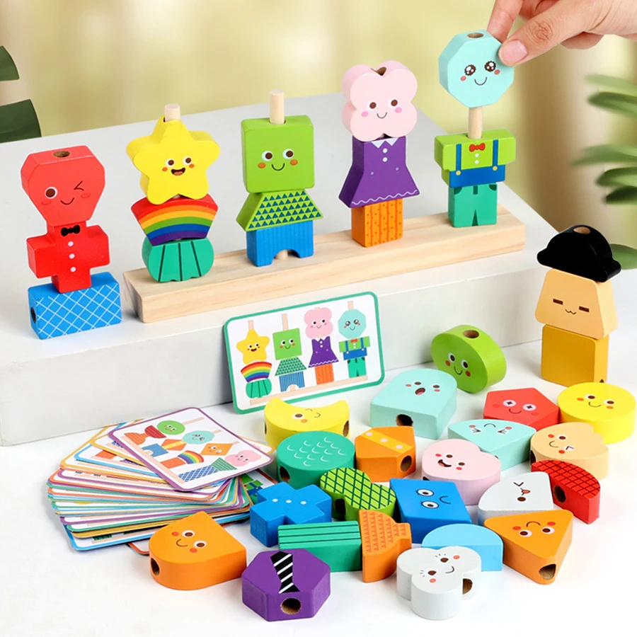 40 pezzi di blocchi di costruzione 30 carte set di espressioni in legno stringa di perline giocattolo di addestramento dell'attenzione per bambini abilità logiche regali di Natale