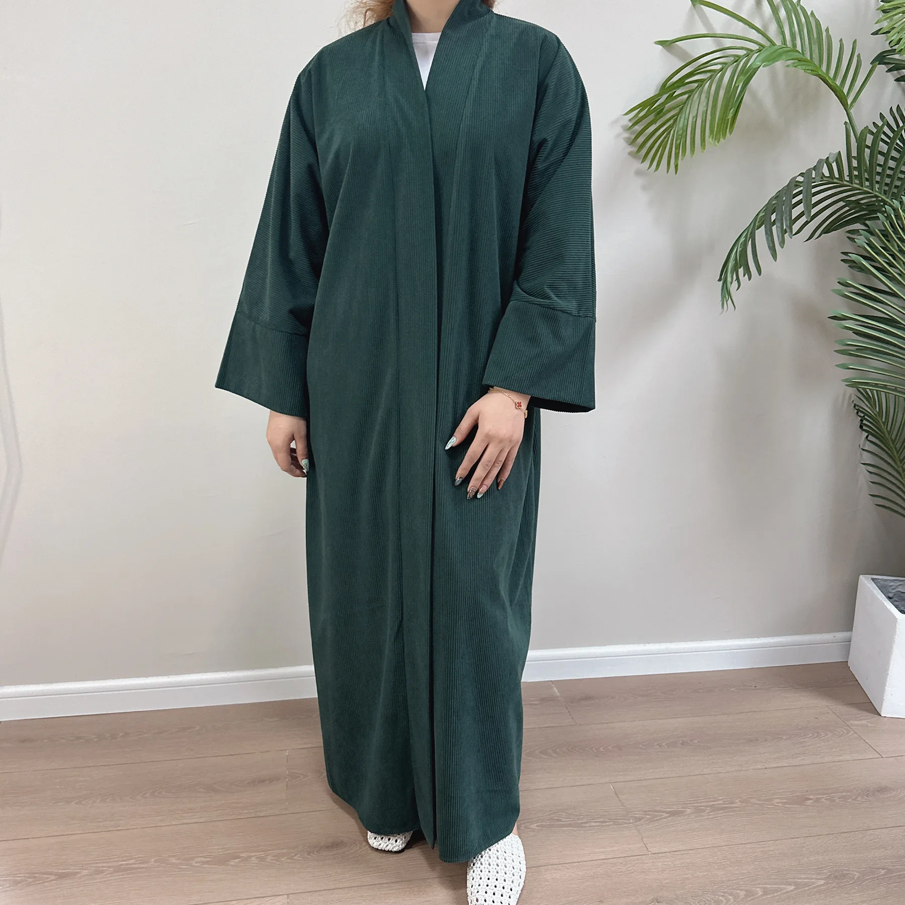 Plain Winter Corduroy Abaya Kimono Cardigan Muslim Open Abayas for Women Dubai Luxury Turkish Islamic Clothing Kaftan Warm Dress