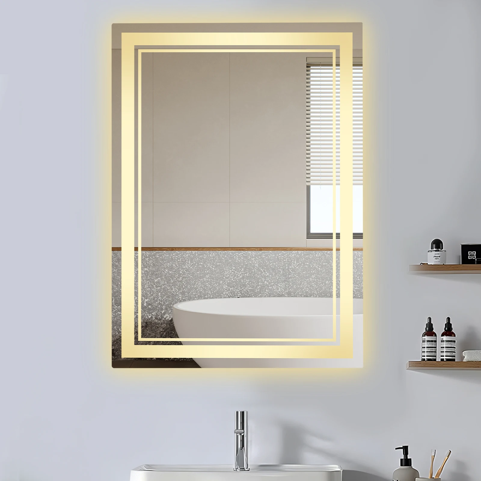 LED-Badezimmerspiegel, Beleuchtung mit zwei Ringen, flexible Lichteinstellung für Badezimmer, Waschraum, Toilette, Hotel, Apartment, Schönheitssalon