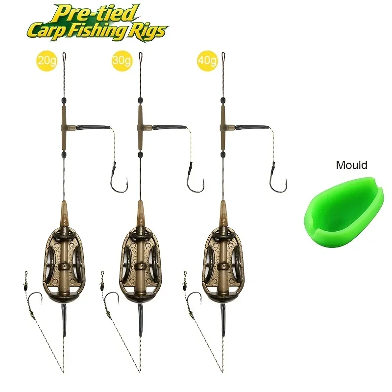 Pre-tied Carp Fishing Rigs,Zinc Alloy Method Feeder with Double Hooks Hair Rig and Quick Release Mould
