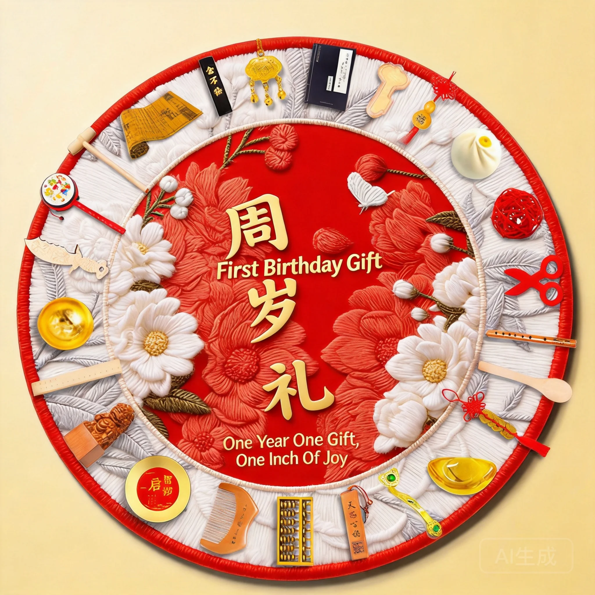 Chinese Style Traditional Baby First Birthday Zhuazhou Prop Set Round Embossed Carpet Unisex Boys Girls Lucky Blessing Gift Birt