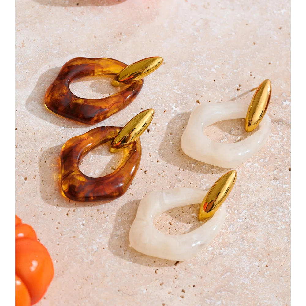 Yhpup Resin Acrylic Geometric Drop Daily Earrings 18K Golden Plated Stainless Steel Attractive Jewelry Amber White
