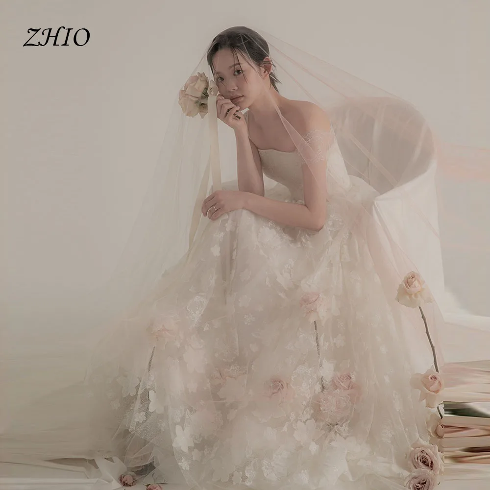 

ZHIO White A-line Dress Korean Wedding Lace Tulle Strapless Customized Corset Floor Length Wedding Snap Luxury Party 웨딩드레스