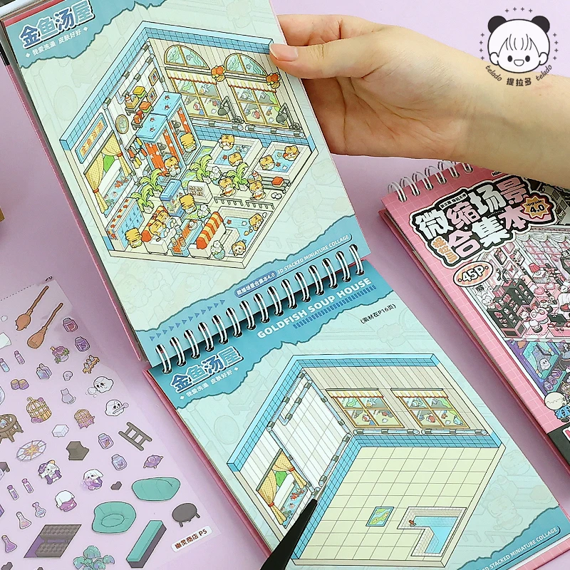 45 pz/libro Collezione di scene in miniatura Libro 4.0 Adesivi di paesaggi 3D Impilati Piccolo adesivo Stereoscopico Visual Miniature House FAI DA TE