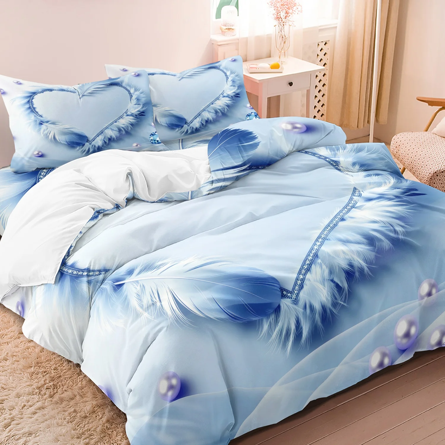3pcs Blue Feather Heart Pearl Diamond Duvet Cover Set Featuring High-Definition Prints Comfortable For Couples For Home And Dorm