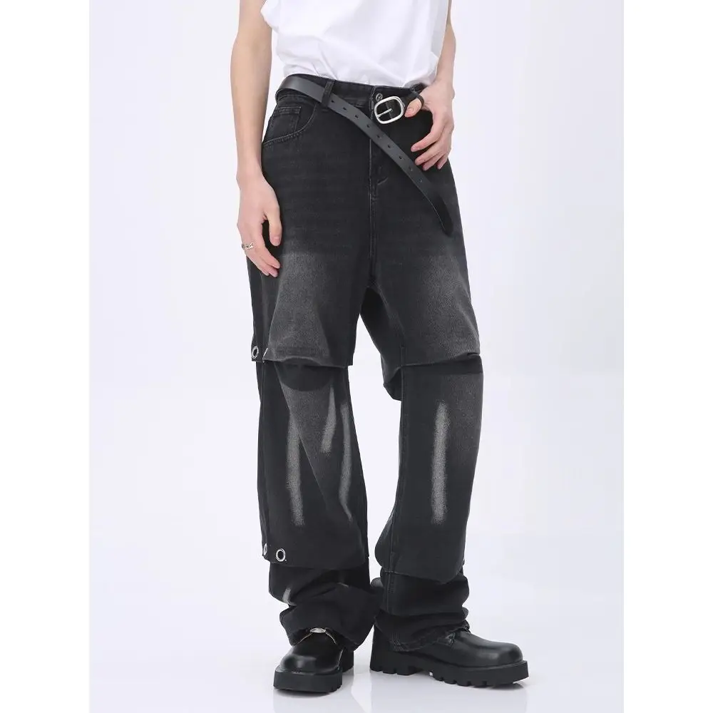 Men's Metal Decoration Black Jeans Fashion Trend Autumn Street Style Trousers Male High Waisted Wide Leg Denim Pants