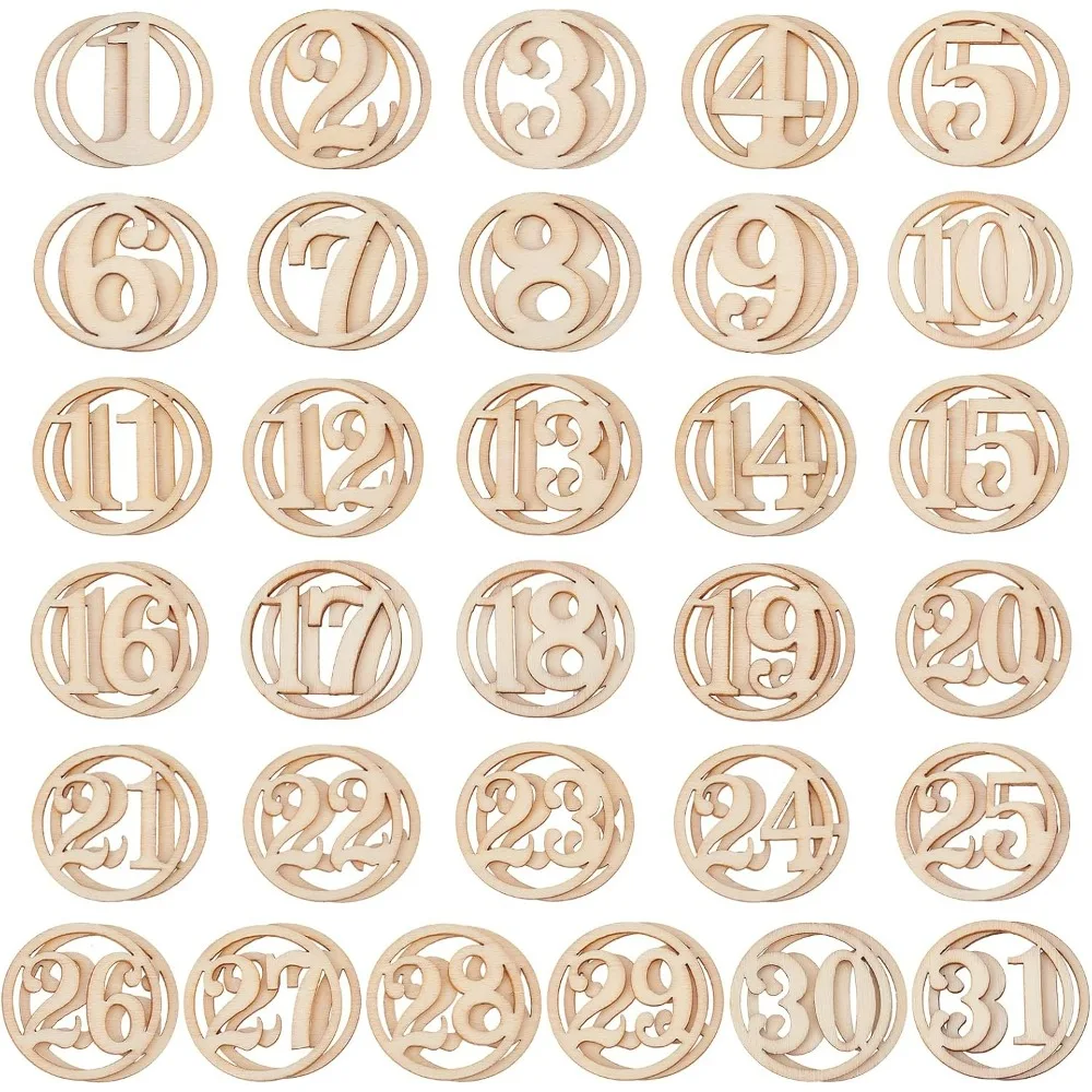 About 62 Pcs Number Wooden Calendar 2 Sets 1-31 Wooden Number Pieces Unfinished Wood Cutouts Ornament Wooden Hollow Number Chip