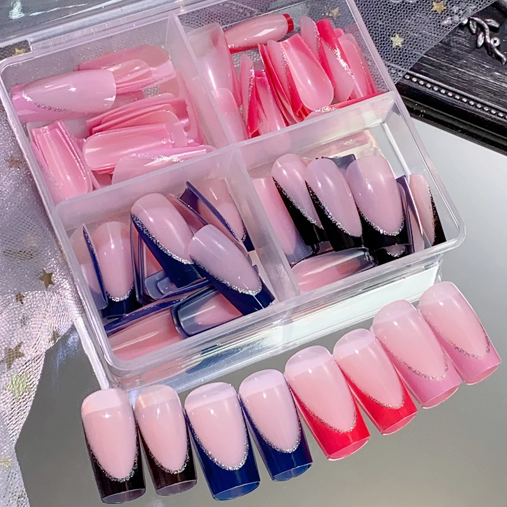 96Pcs 4Colors Glitter French Press-On Nail Full Cover Long Ballet False Nails Tips Reusable Fake Fingertips for Women Girl Daily