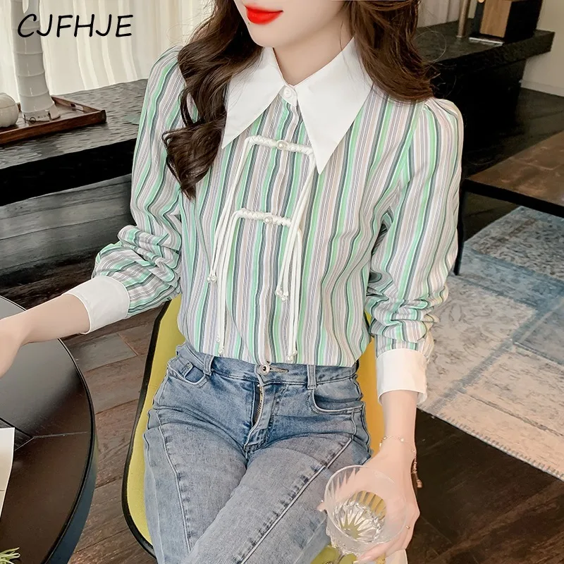 

CJFHJE Spring Women's Fashion Design Button Women's Shirt Top New Chinese Women Long Sleeved Temperament Commuter Striped Shirt